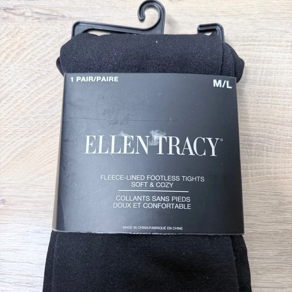 Ellen Tracy Fleece Lined Footless Tights Women M/L Black Soft Cozy Leggings New